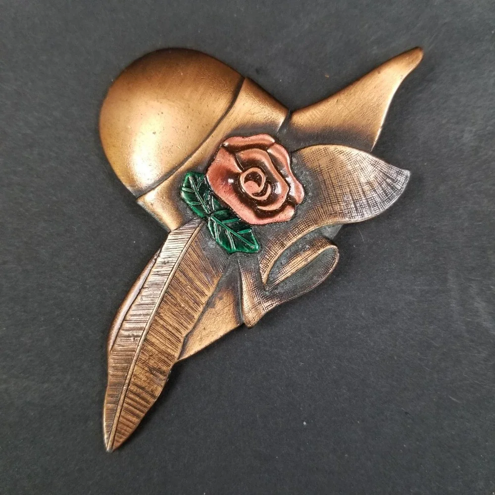 Vintage Copper Tone Sun Hat Brooch with Rose and Feather Detail Enamel Accent